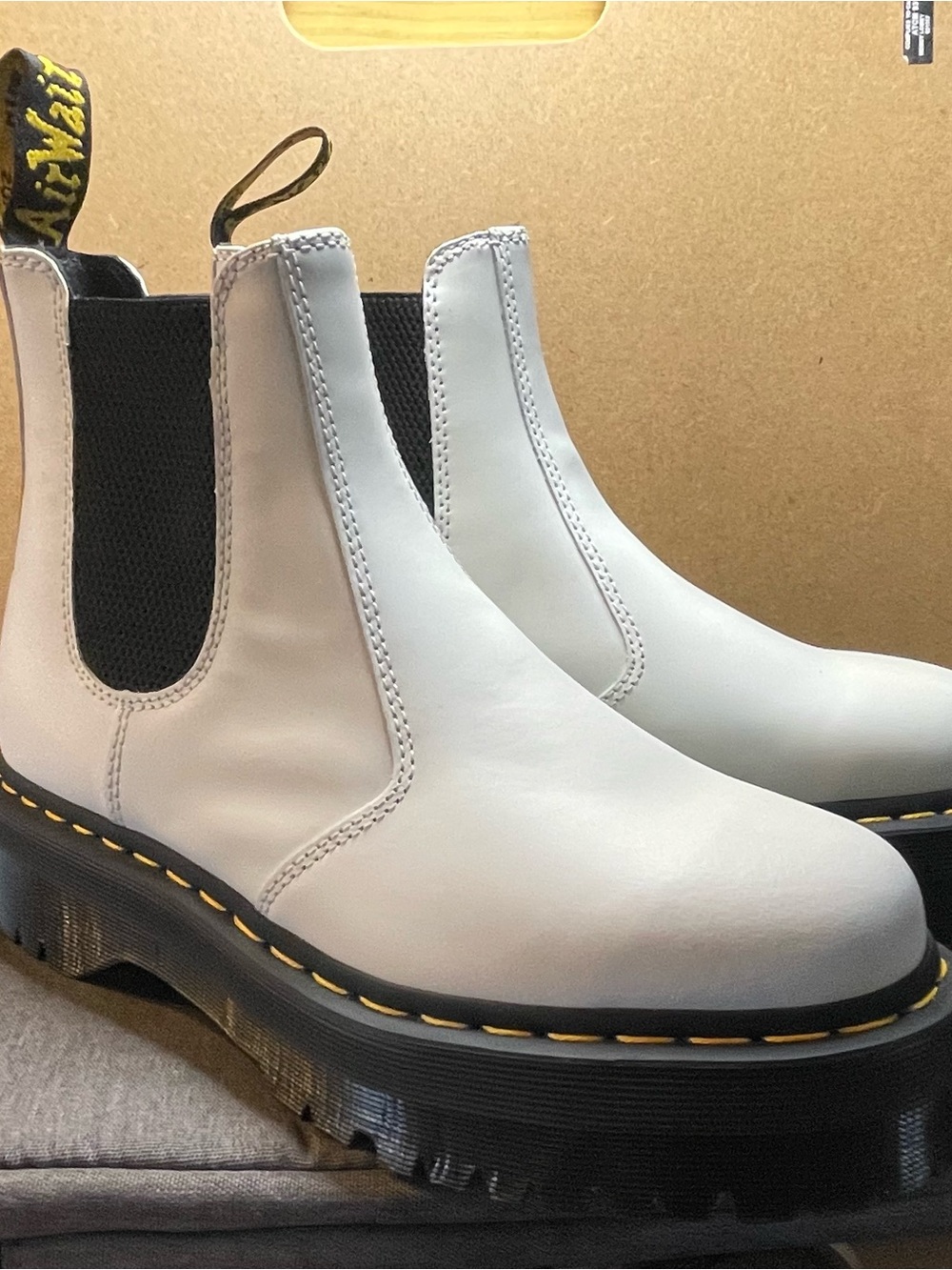 Dr. Martens White Leather Platform Chelsea Boots with Yellow Stitching